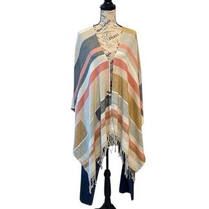Marc New York Ponco Wrap decorative tie strings at chest level Striped Fringe OS